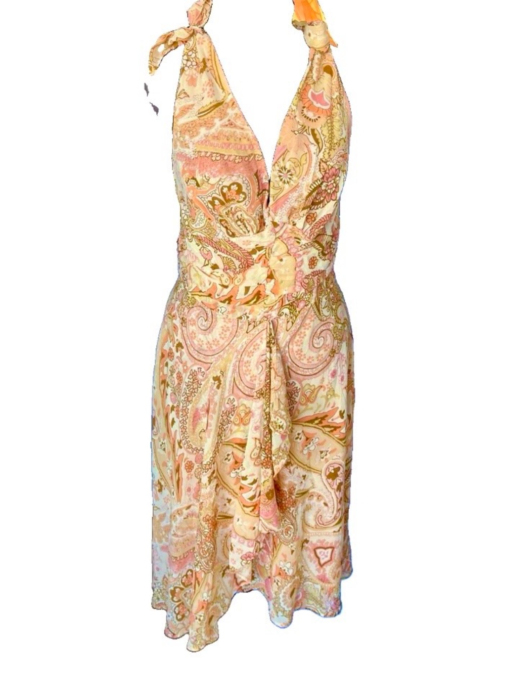 Bandolino Paisley Dress Sz 12 Pink Beige Brown Sleeveless V-Neck Shoulder Ties